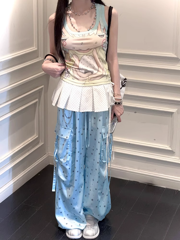 Allover Star Print Drawstring Waist Blue Wide-leg Cargo Pants