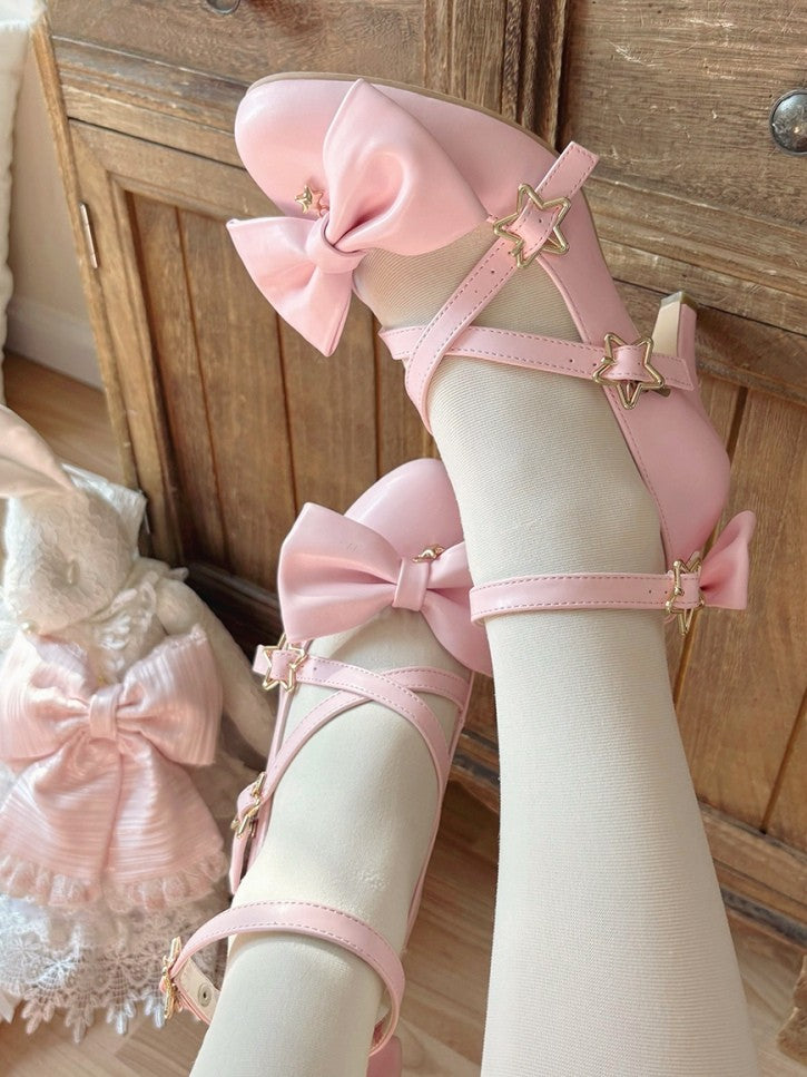 Pink Bow at Top Star Buckle Straps High Heels
