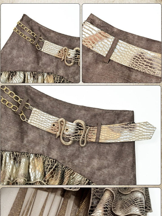 Brown Wasteland Punk Snakeskin Pattern High-low Design Tiered Skirt