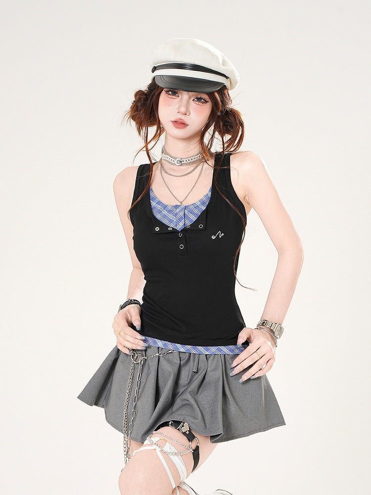 Black and Blue Plaid Faux Two-pieces Slim-fitting Tank Top