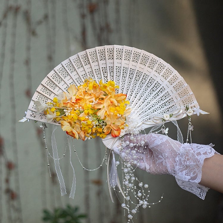 Purple/Green/Pink/Yellow Beaded Charm Floral Design Folding Fan