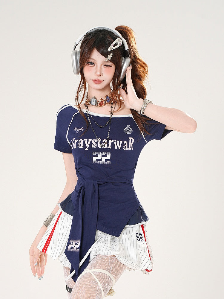 Red/Blue Asymmetrical Neckline Blokette Core T-shirt Self-tie Straps at Waist