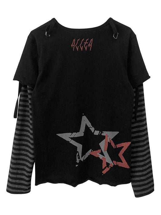 Skull and Stars Print Black Long Sleeves Top Fake Two-pieces