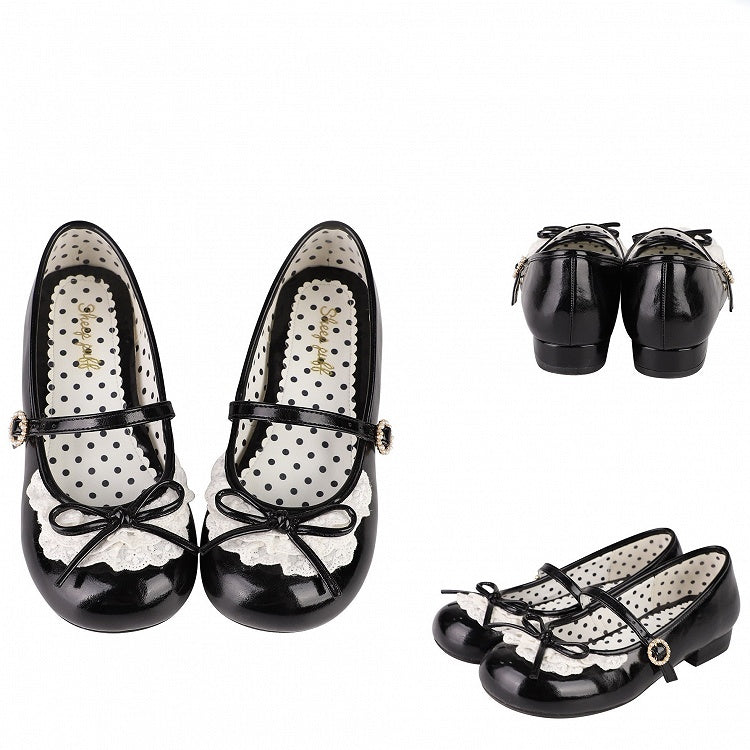 Black Knotted Bow Accent Lace Trim 2.2CM/4.3CM Heels Round Toe Mary Janes