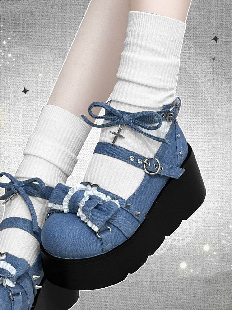 Spike Studs Bow Accents Blue Cross Gothic Platforms Punk Shoes