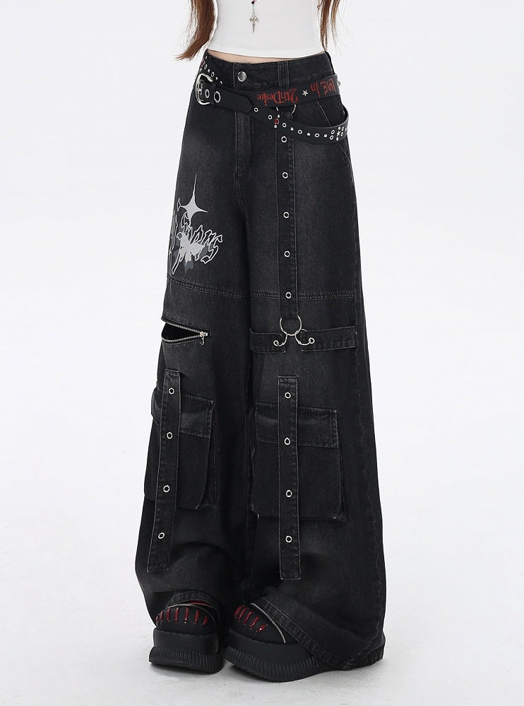 Black Butterfly Print Strap Details Vintage Wide-Leg Cargo Jeans