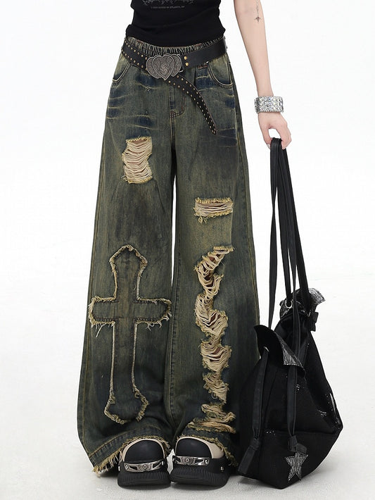 Vintage Blue Y2K Cross Applique Distressed Holes Details Wide-leg Cut Jeans