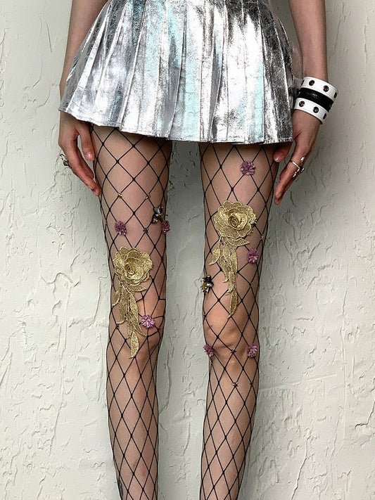 Nude/Black Wasteland Punk Floral And Star Details Fishnet Tights