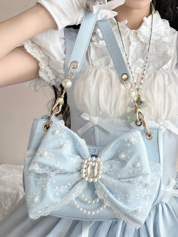 Blue Sweet Lolita Underarm Bag in Satin with Dazzling Bead and Crystal Bow