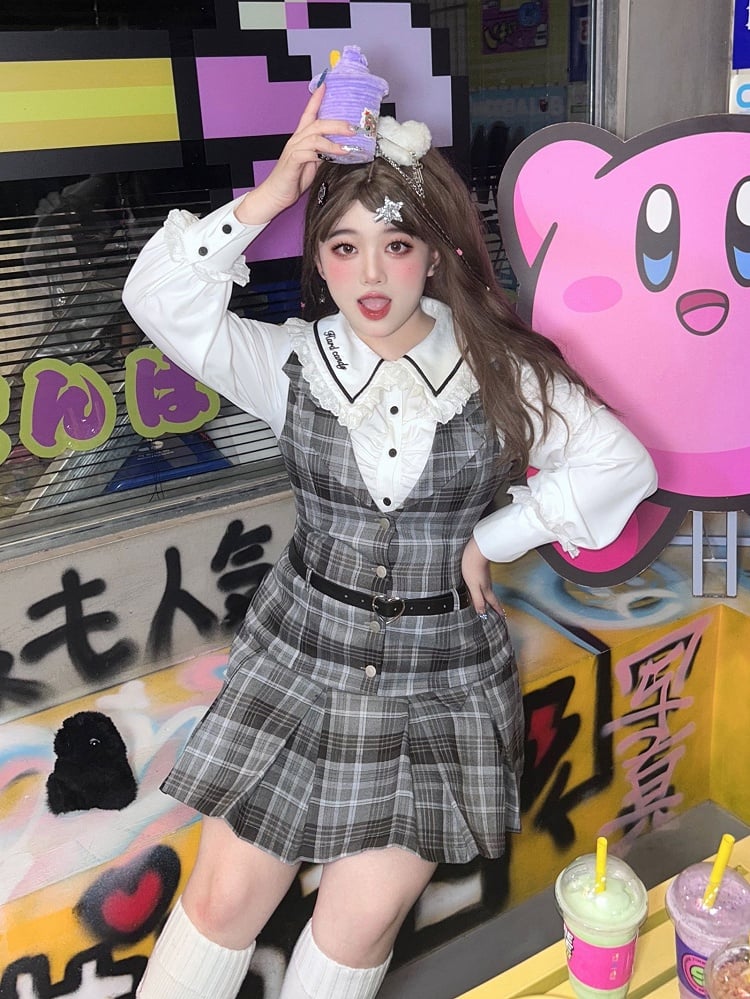 Plus Size - White Long Sleeves Shirt / Gray Plaid Dress Box Pleat Skirt