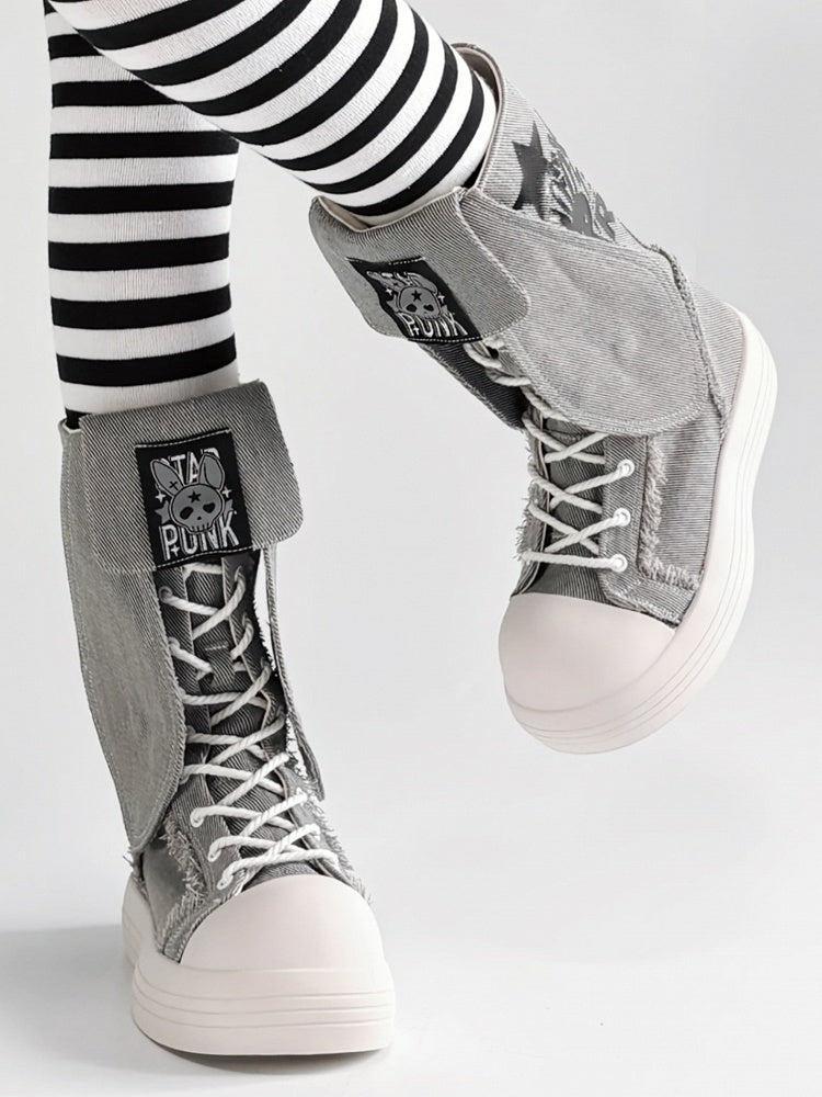 Bunny Ear Details, Raw Hem & Secure Fastening Gray Mid-Calf Boots in Punk Style