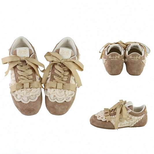 Khaki Sweet Lolita Balletcore Front Lace-up Ties Lace Trim Sneakers