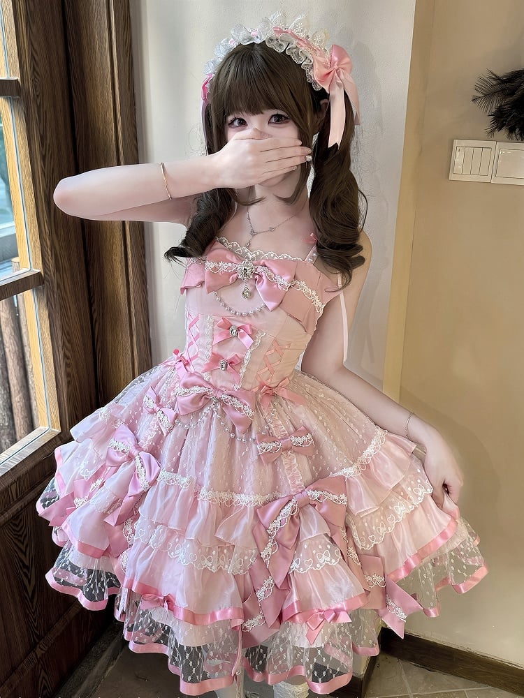 Pink Layered Lace Sweet Lolita Dress with Bead and Bow Embellishments
