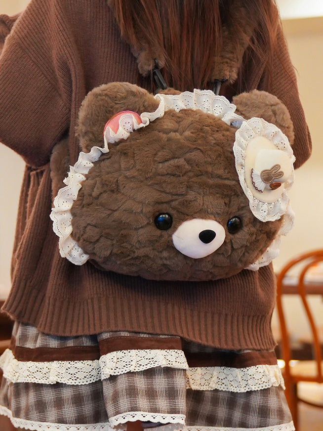 Brown Bear-shaped Lace Design Plush Backpack