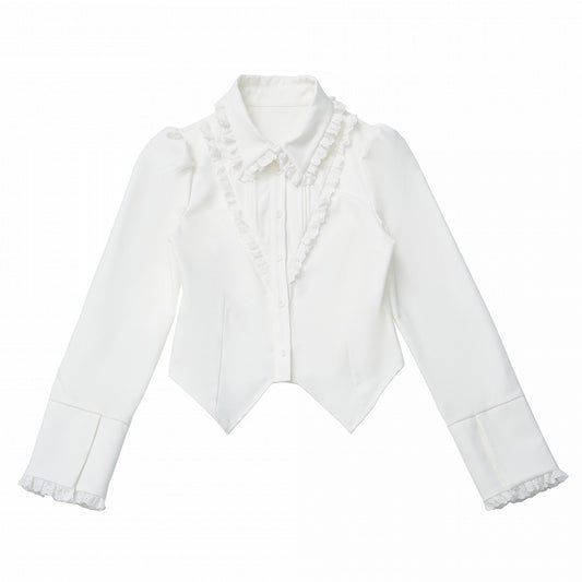 White Ruffled Waist-Tailored Shirt with Lace Trim - Preppy Chic