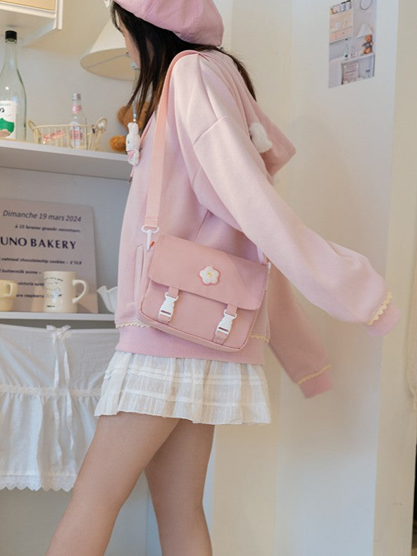 White Plush Lamb Backpack And Detachable Pink Canvas Bag Set