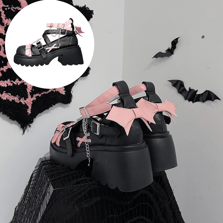 Silver-tone Studs Cross Black and Pink Platform Chunky Heels Punk Shoes