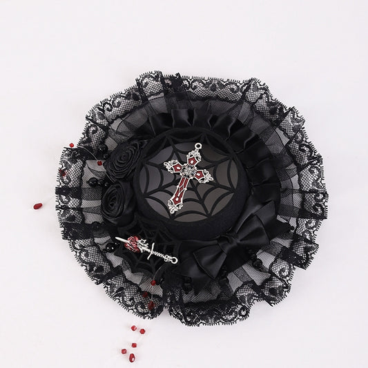 Gothic Black Rosette Design Bowknot Mini Flat Hat with Beads