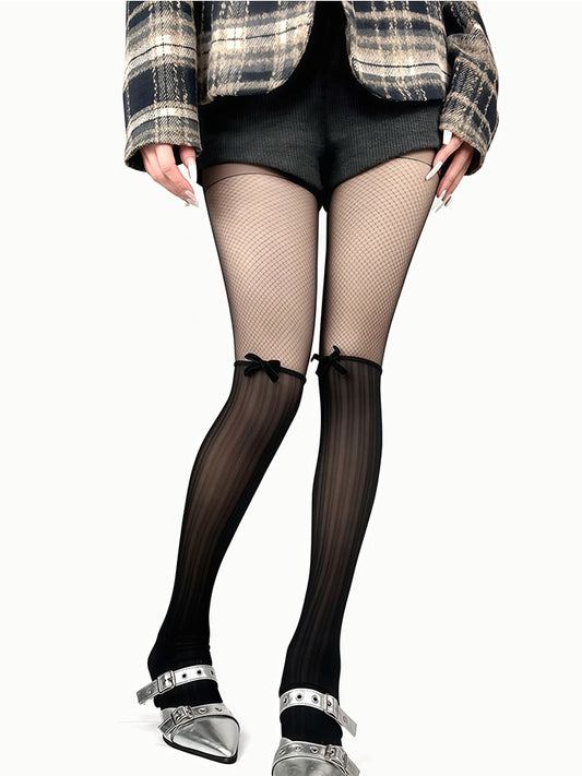 Black/Beige Bowknot Decorated Striped Tights
