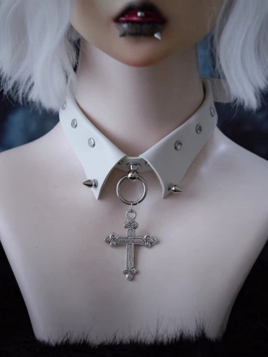 Cross Pendant White Studs Gothic PU Choker