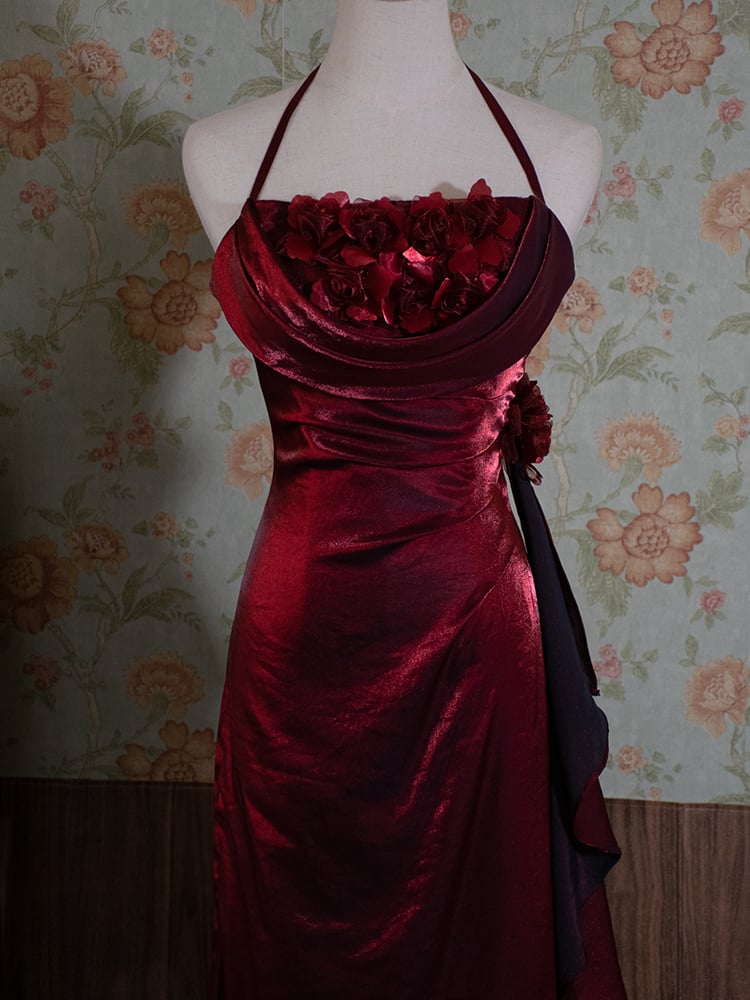 Vintage Dark Red Shimmer Halter Neck Floral Prom Gown Birthday Dress