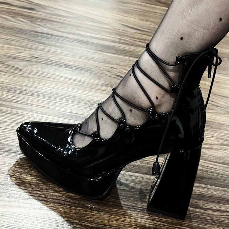 PU Gothic Polished Black High Block Heel Mary Janes - Black/Red Flower Shoe Clips, Back Zipper & Crisscross Design