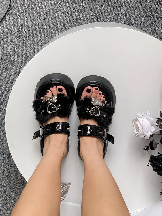 Bone Design Studs Decorated Black Punk Platform Slippers