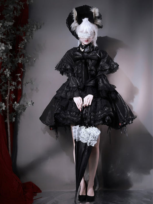 Black Gothic Layered Bell Sleeves Drawstring Skirt Kuro Lolita Dress + Cape