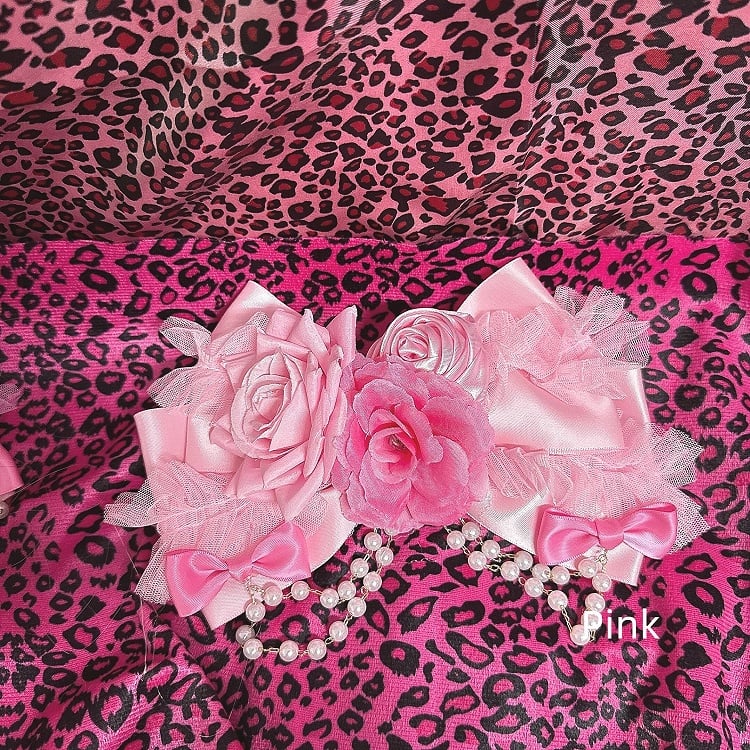 Pink / Rose Red Y2K Showa Hime Gyaru Fashion Rose Hair Clip with Beaded Chain