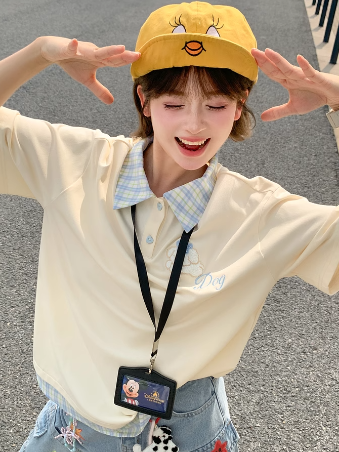 Blue Plaid Collar and Hem Puppy Embroidery Apricot Loose T-shirt