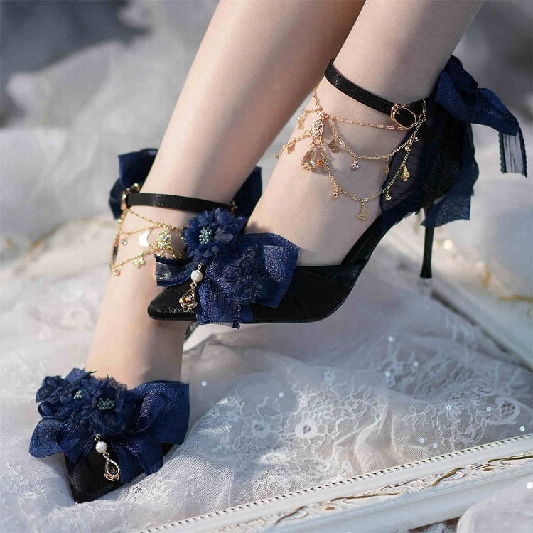 Dark Blue Floral and Bowknot Hime Lolita 5CM/8CM Heels