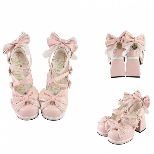 Pink Crisscross Design Heart Buckles Detachable Bow at Top High Block Heels