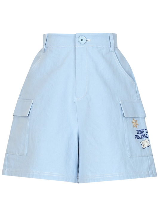 Blue High Waist Wide-leg Casual Shorts