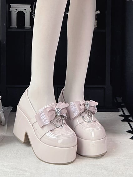 Jirai Kei Dusty Pink Platform Shoes: 9.5cm Block Heel with Top Bow & Heart Rhinestone