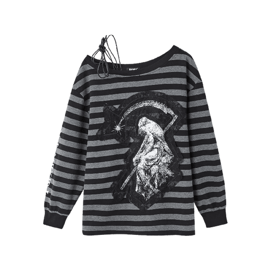 Black & Gray Stripes Drawstring Design Asymmetrical Neckline Applique Punk Top