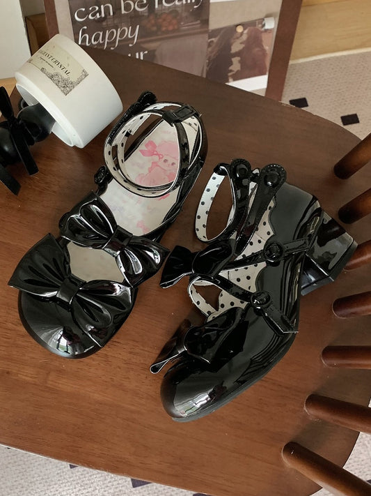 Crisscross Straps Black Bow Accents Mary Janes Sweet Middle Heels