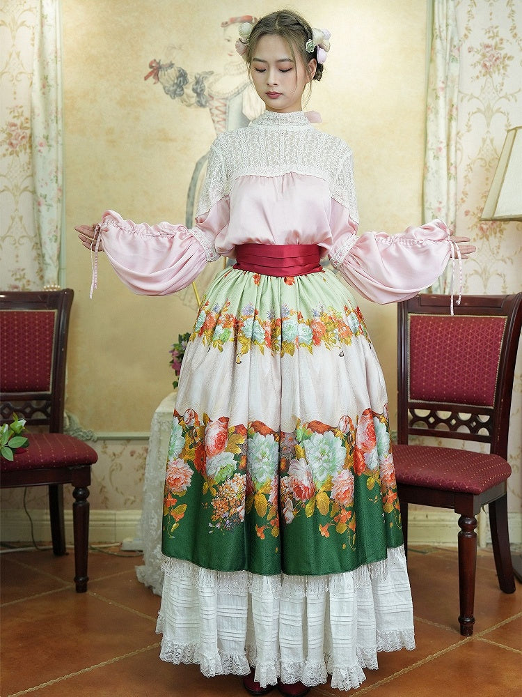 Historical Full Set- Pink Poet Blouse + Green Crystal Tassel Floral Skirt + Red Wide Belt