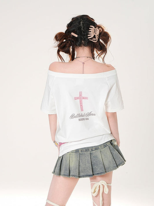 Off-the-shoulder Neckline Cross Print Black/White Loose T-shirt