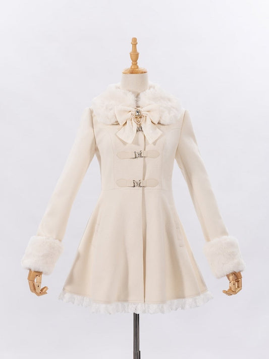 Creamy Jirai Kei Butterfly Buckles Closure Coat with Detachable Plush Collar and Cuffs