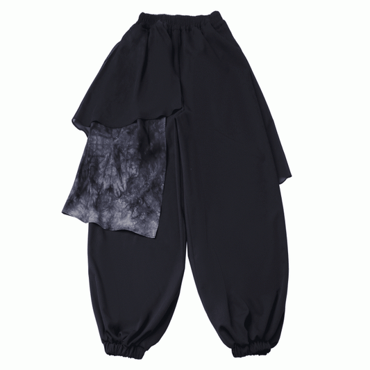 Cheongsam Style Tie Dye Mesh Patchwork Elastic Waist and Cuffs Black Casual Pants