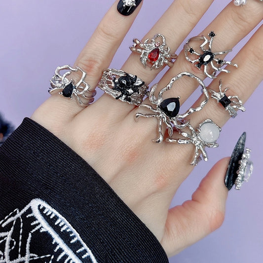 Silver Punk Spiders 7 Rings Set