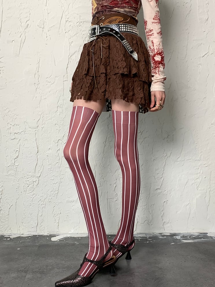 Brown Wasteland Punk Striped Pattern Overknee Stockings
