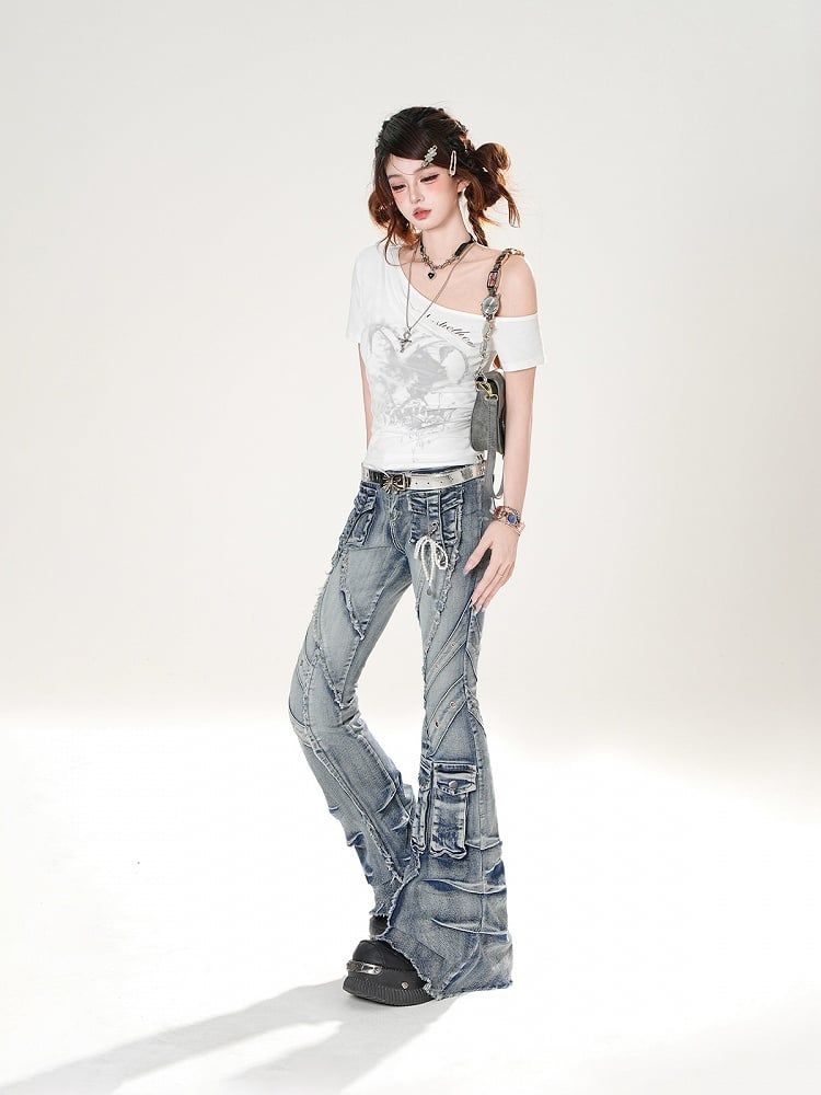 Blue Faded Wash Cargo Pockets Raw Hem Distressed Flared Jeans