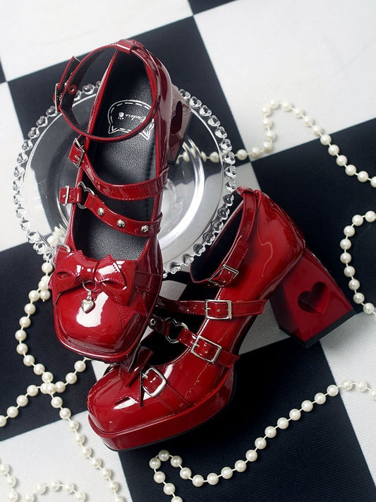 Gothic Wings Bow Wine Red Heart Hollowed Block Heels Punk Shoes