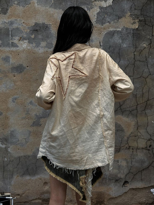 Beige Star Patch Punk Studs Faded Wash Shirt Frayed Hem