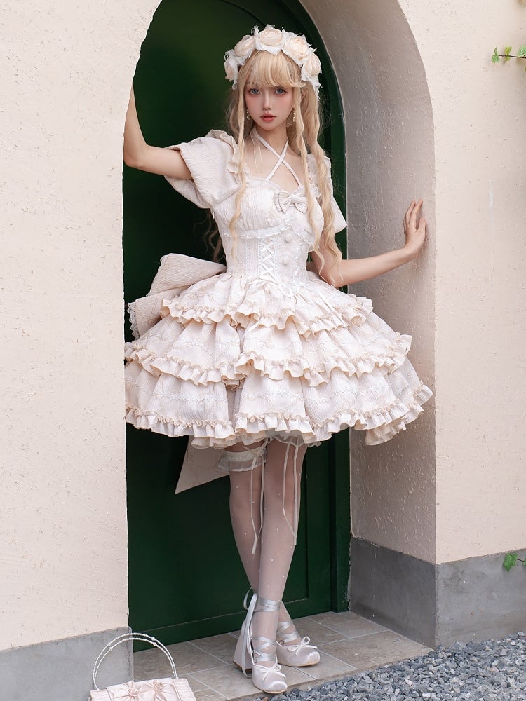 Champagne Princess Corset Waist Dress Ruffle Skirt Lolita OP with Big Bow at Back