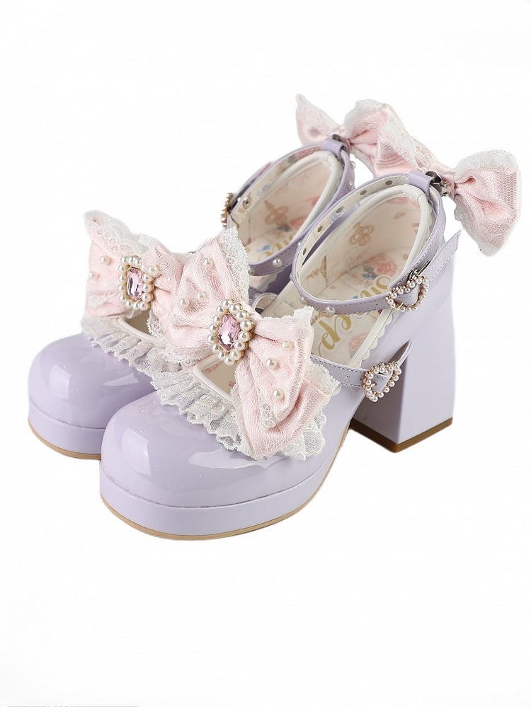 Polished Purple&Pink Detachable Rhinestone And Beaded Decorated Bowknot Lace Trim Platform High Block Heels
