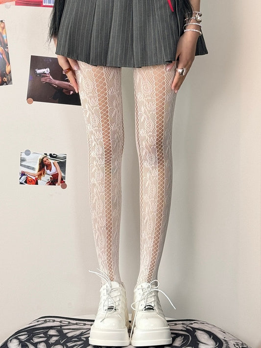 Black/White/Brown/Purple Y2K Cut-out Design Rosette Pattern Tights