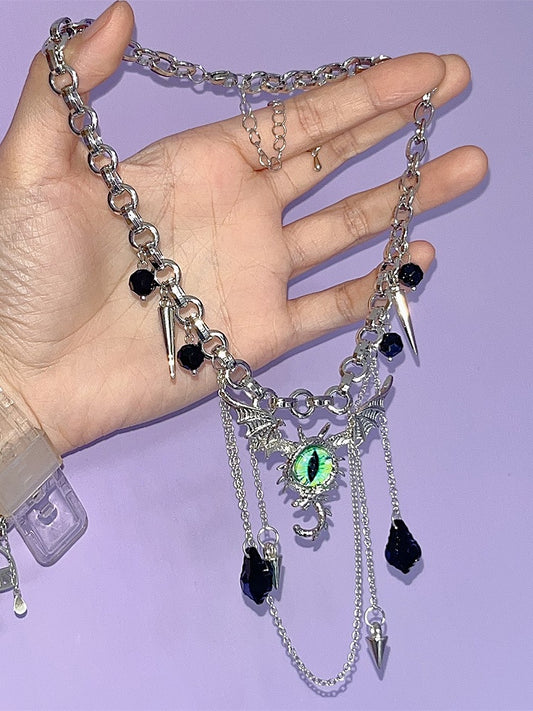 Silver Y2K Punk Evil Eye Necklace With Black Rhinestone Pendant