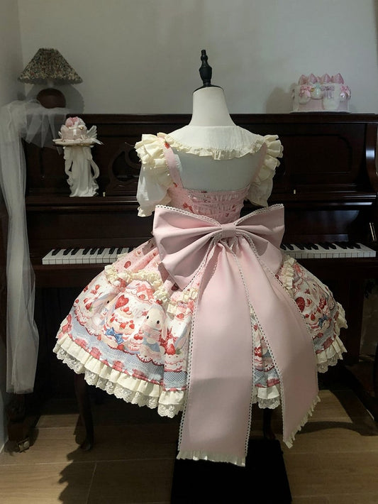 Cute Bunny and Strawberry Cake Print Pink Dress Sweet Lolita JSK / Full Set